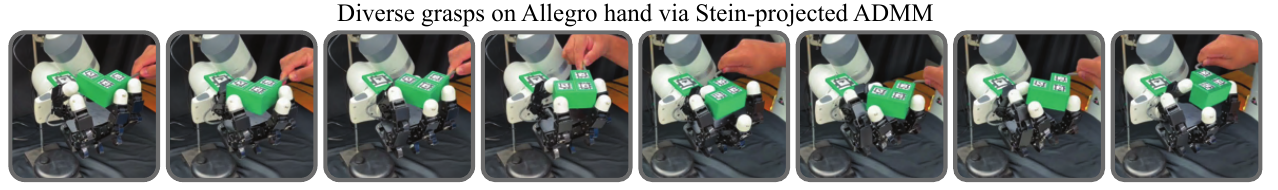 A strip of eight photographs of a dexterous robot hand grasping a green non-convex object with visibly different finger placements in each.